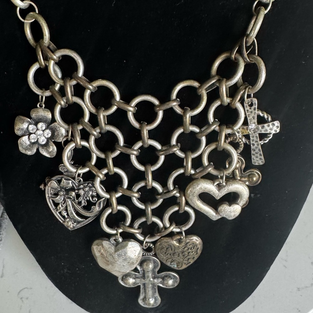 Charm Necklace with heart and cross charms -silver toned.